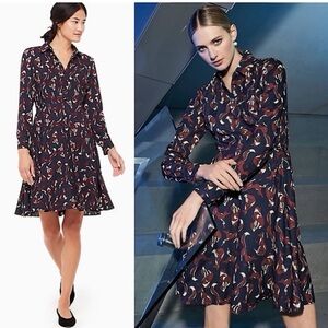 KATE SPADE Navy Smocked Fox Print Long Sleeve Pippa Middleton Shift Dress